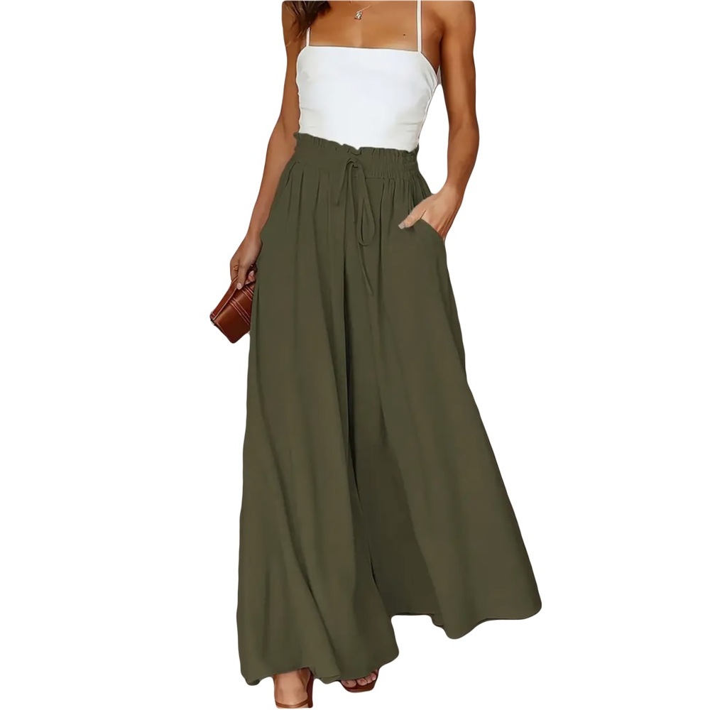 Plus Size Womens Wide Leg Pants with Lace Up Waist Detail, Army Green (3X)